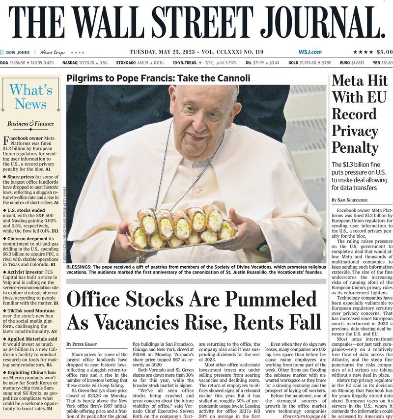 Papa Francesco e i cannoli siciliani Papa Francesco in prima pagina sul Wall Street Journal con i cannoli siciliani