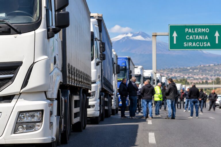 Blocco stradale con camion sotto lEtna